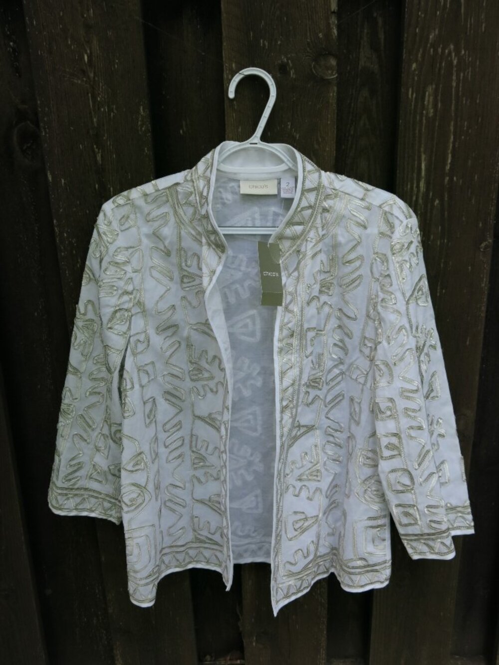 Chico's Bohemian Artistic Silver Soutache Open White Cardigan Jacket Size 2 (L)